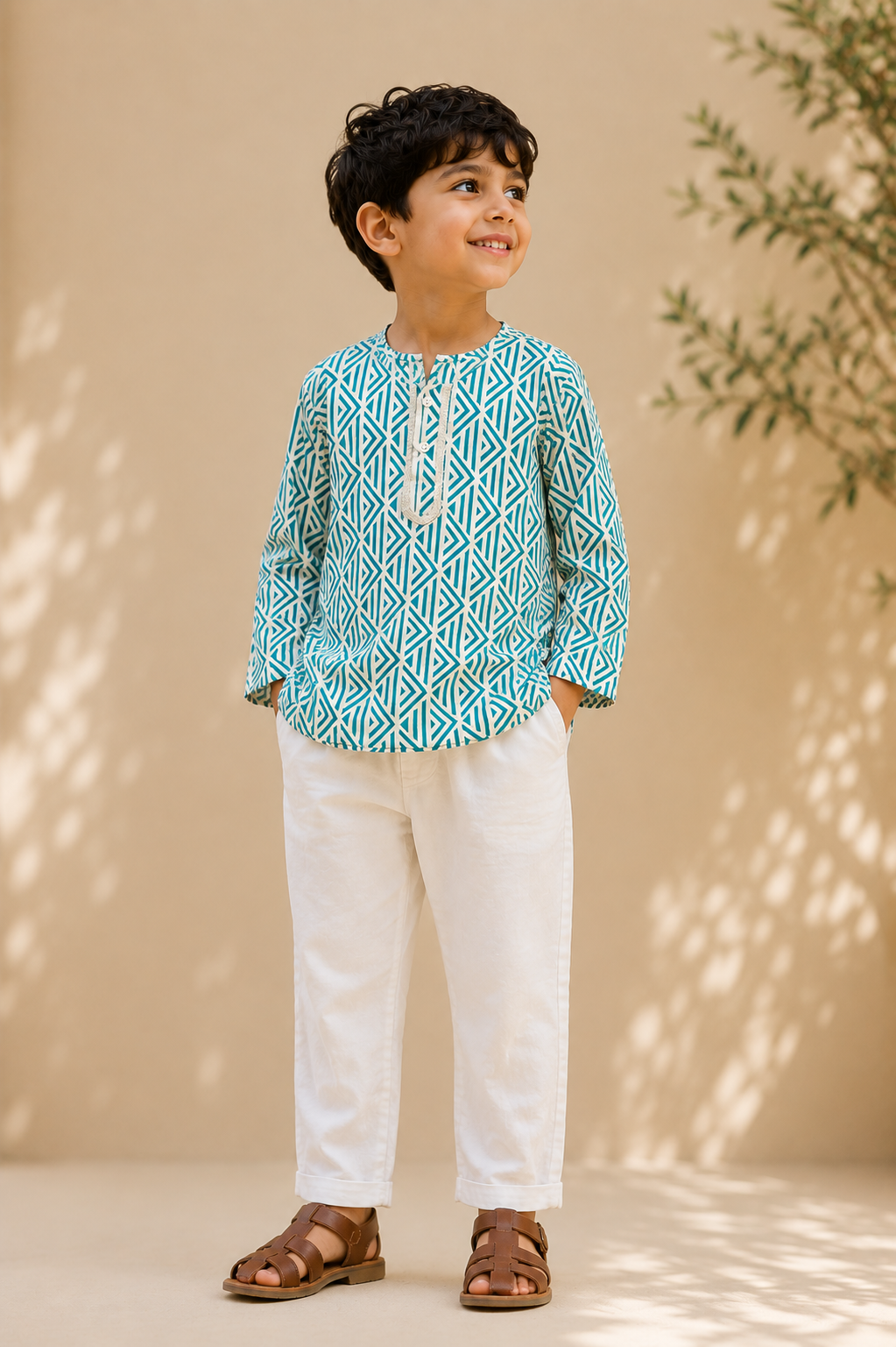 Boys' Turquoise Blue Geometric Printed Cotton Kurta & White Pyjama Set