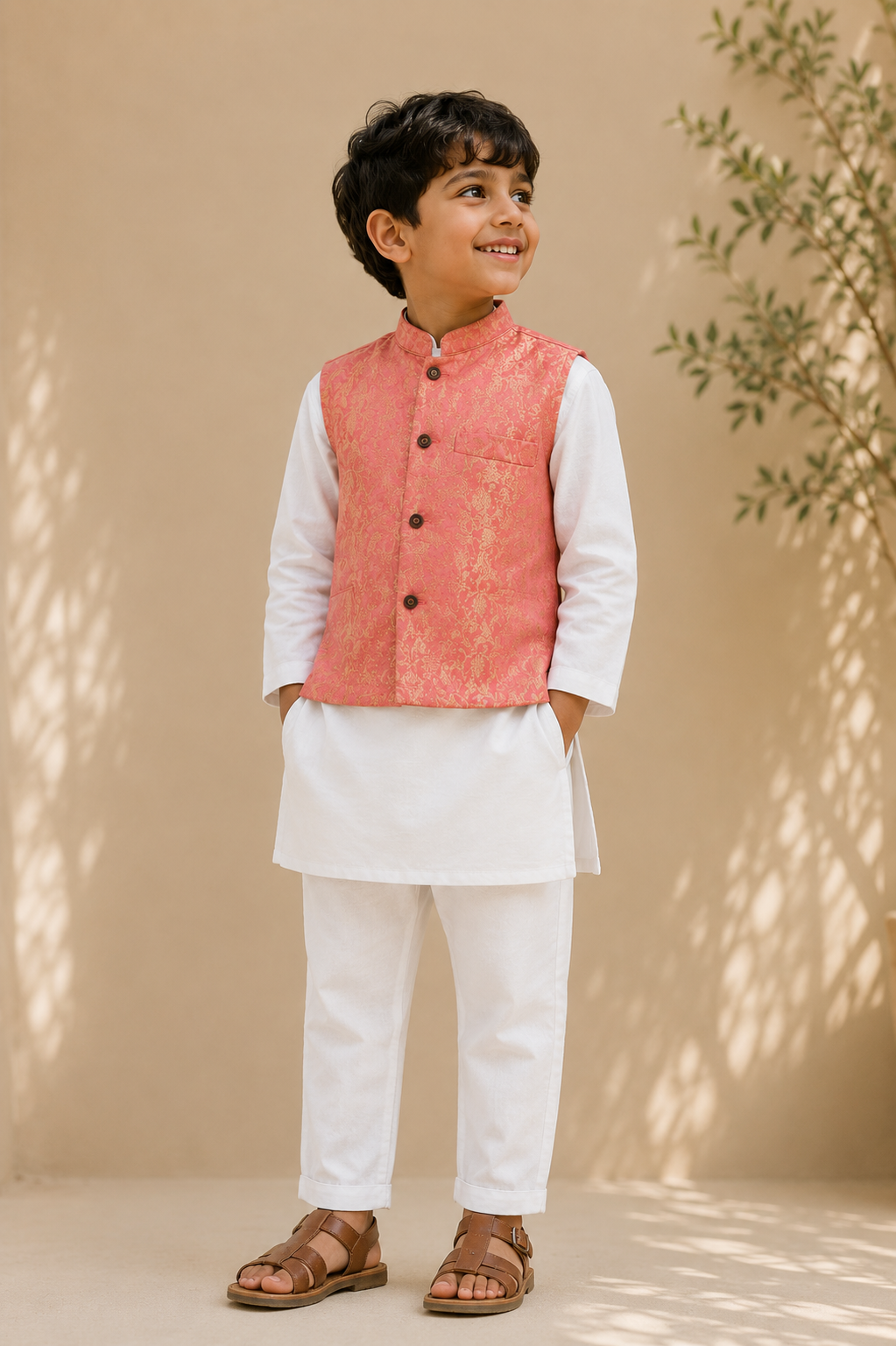 Boys' Orange White Kurta & White Pyjama Set with Floral brokade Nehru Jacket