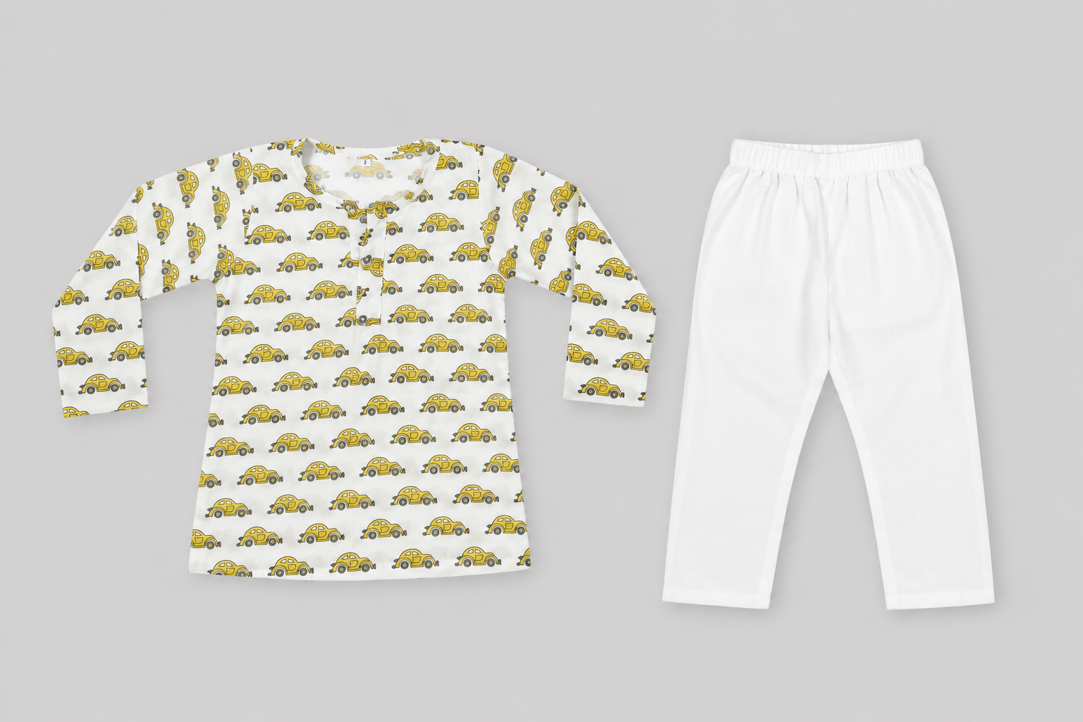 Boys' Off-White Auto/Vehicle Printed Cotton Kurta & White Pyjama Set