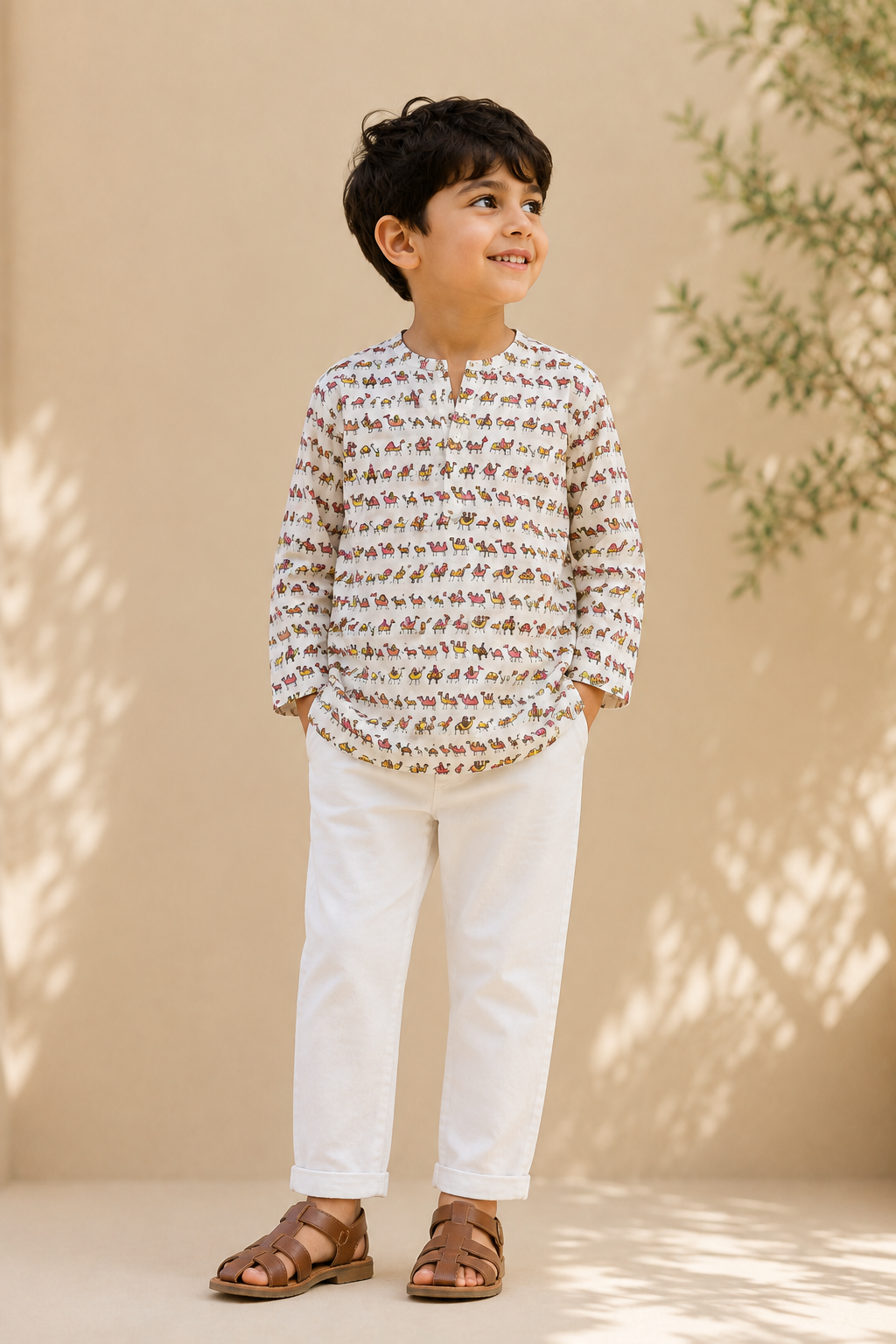 Boys' Off-White Yellow Floral Printed Cotton Kurta & White Pyjama Set