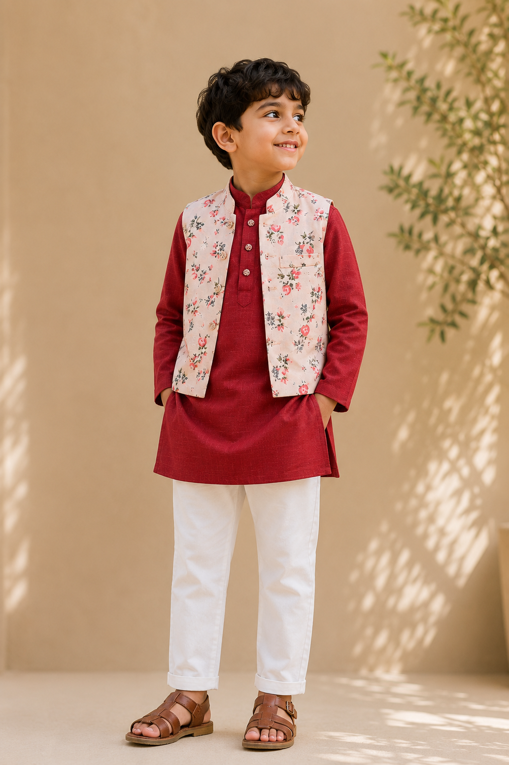 Boys' Maroon Red Kurta & White Pyjama Set with Peach Floral Printed Nehru Jacket