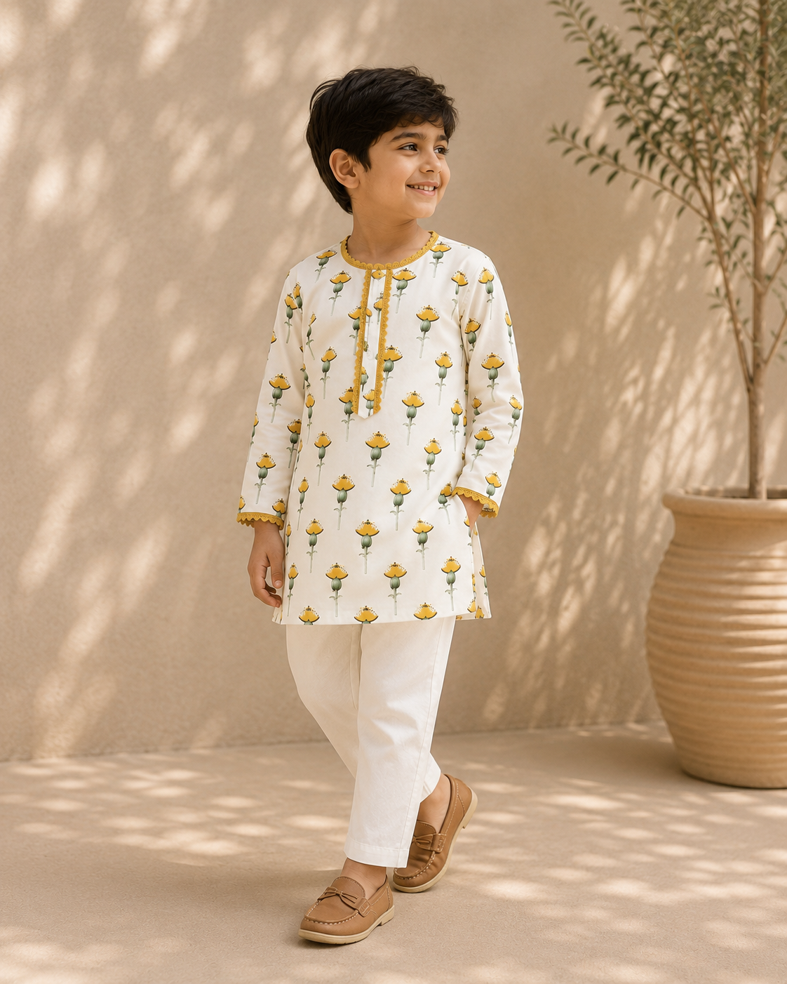 Boys Yellow White Printed Kurta Set