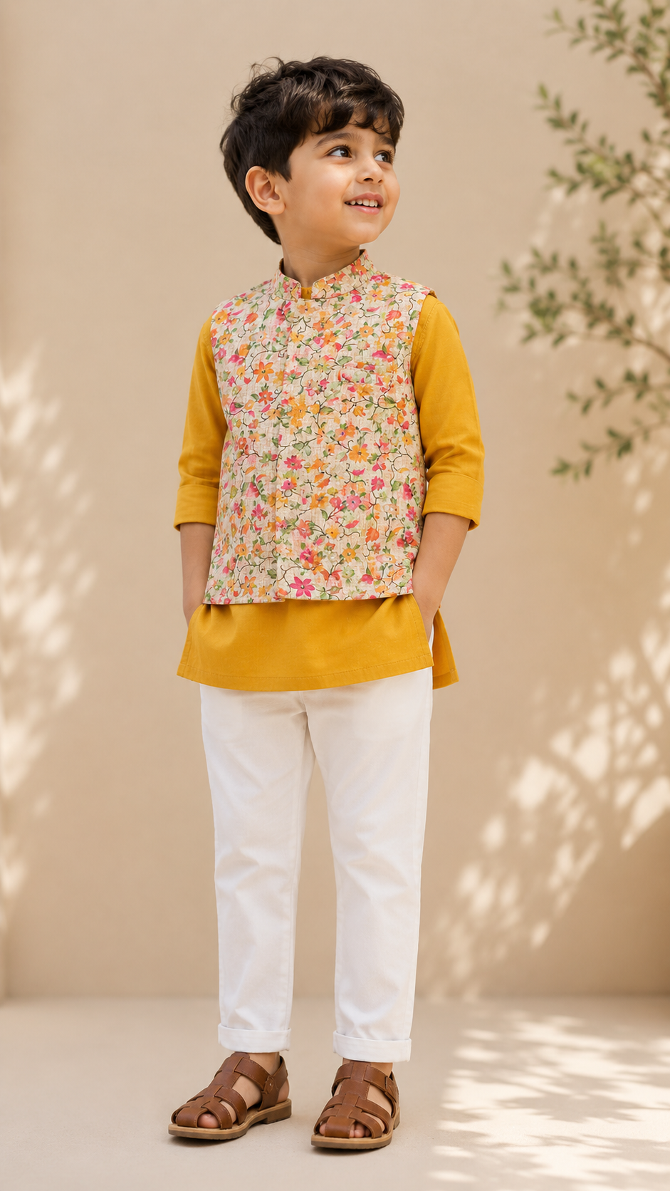 Boys' Mustard Yellow Kurta & White Pyjama Set with Floral Embroidered Nehru Jacket