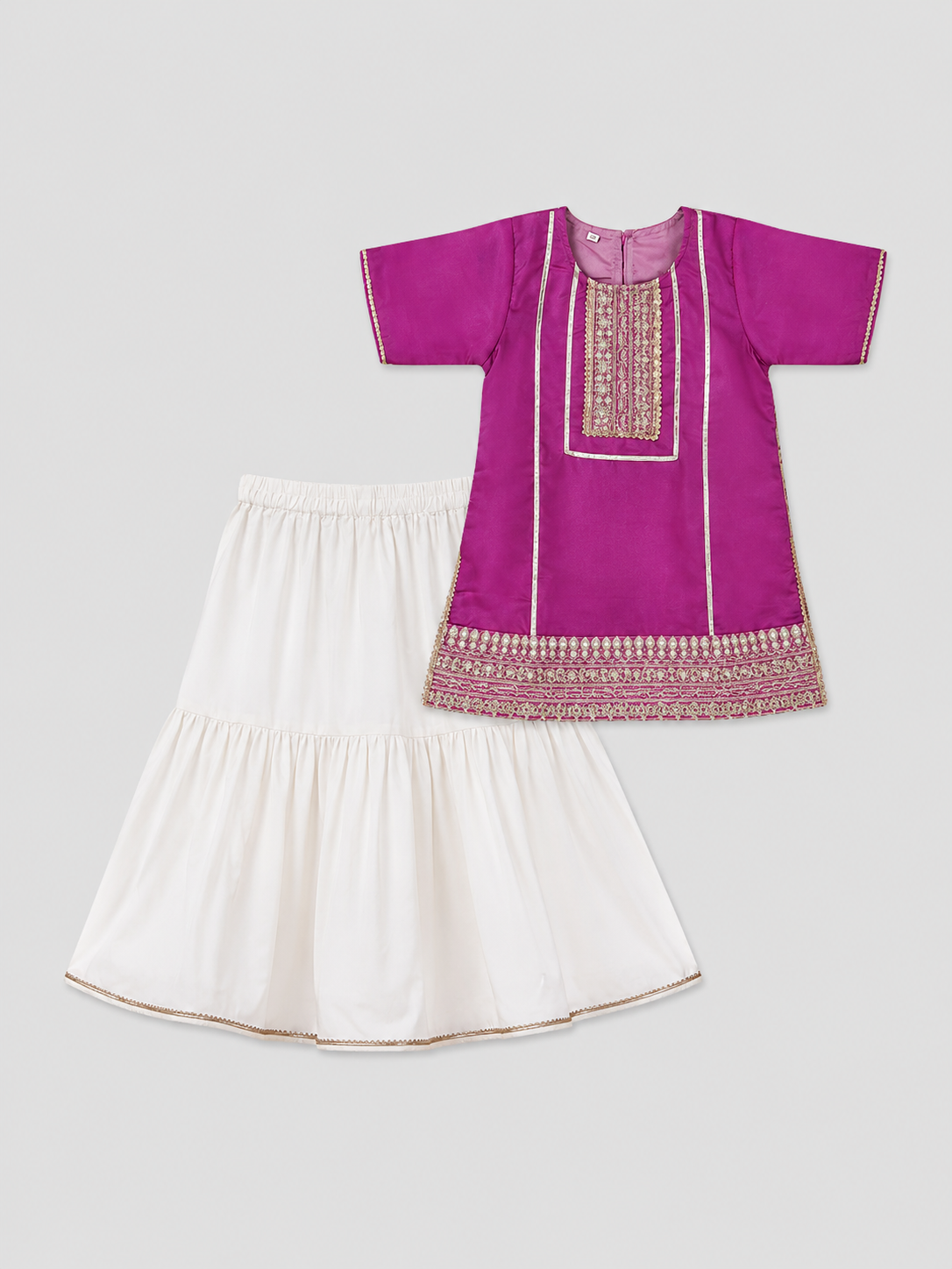 Girls Magenta Kurti with Off-White Skirt Set