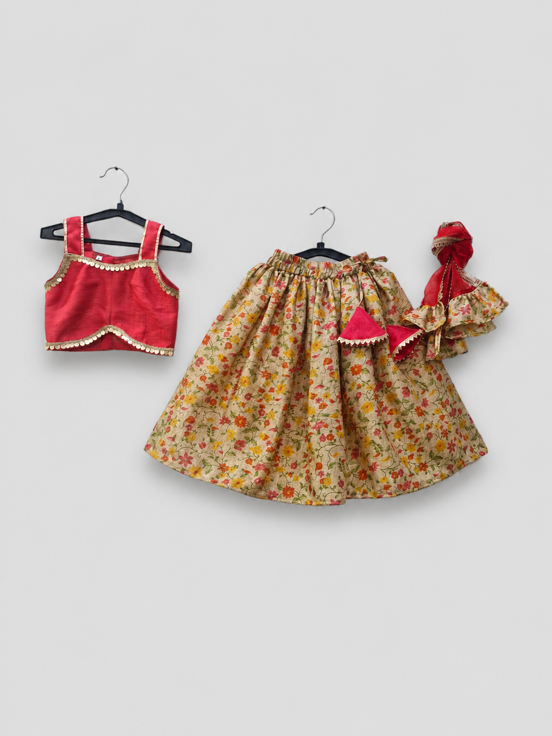 Girls' Ethnic Floral Art Silk Lehenga with Dupion Silk Choli & Net Dupatta Set