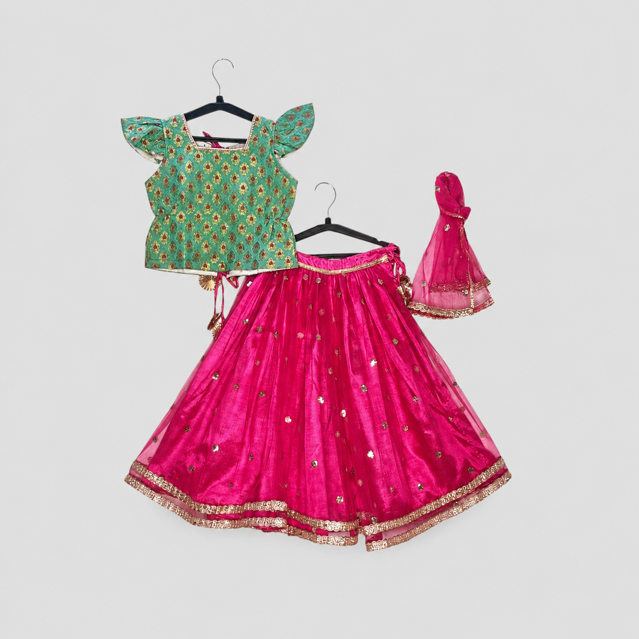 Girls' Green Printed Peplum Blouse & Bright Pink Flared Lehenga with Dupatta Set