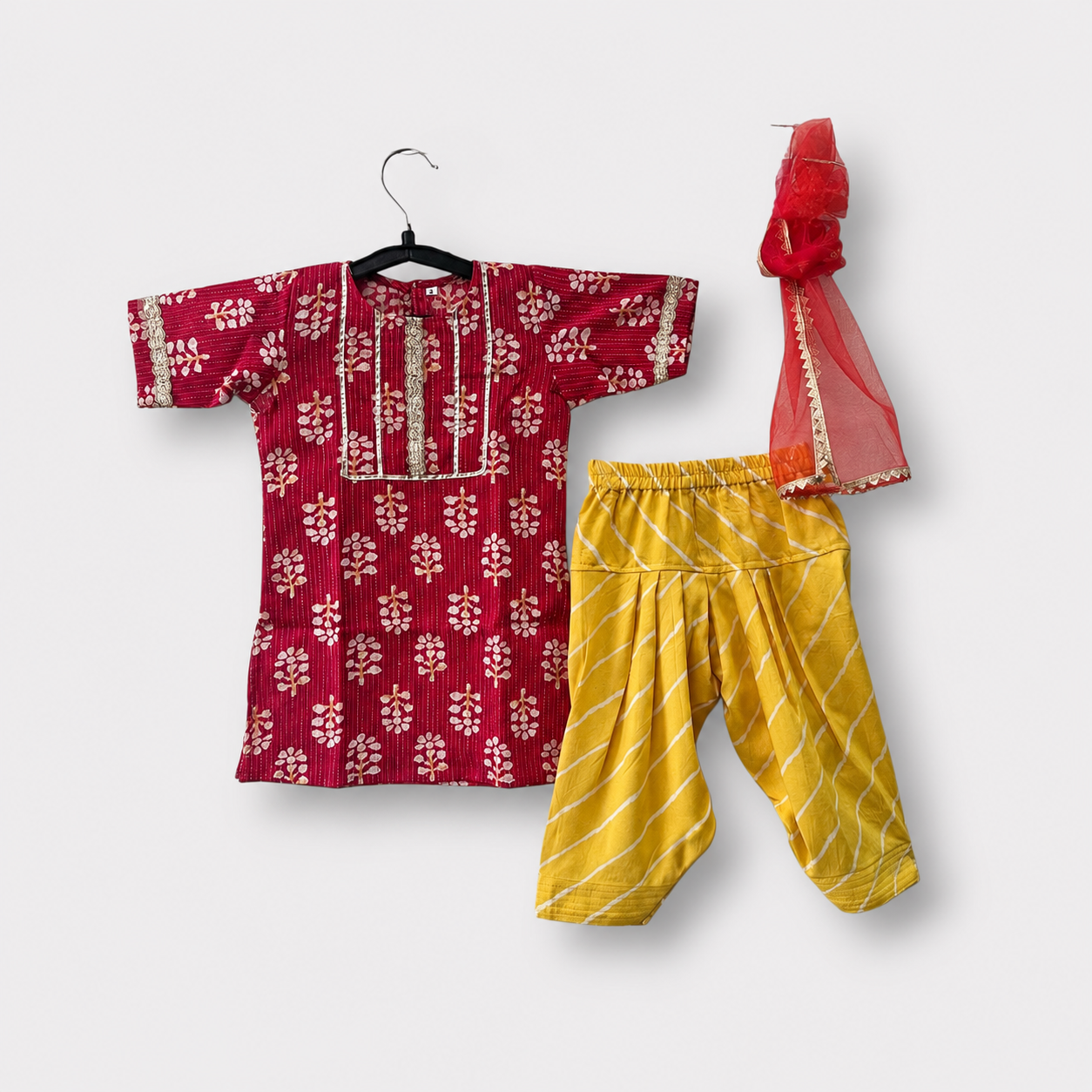 Girls Maroon Printed Kurti with Yellow Dhoti Salwar & Dupatta Set