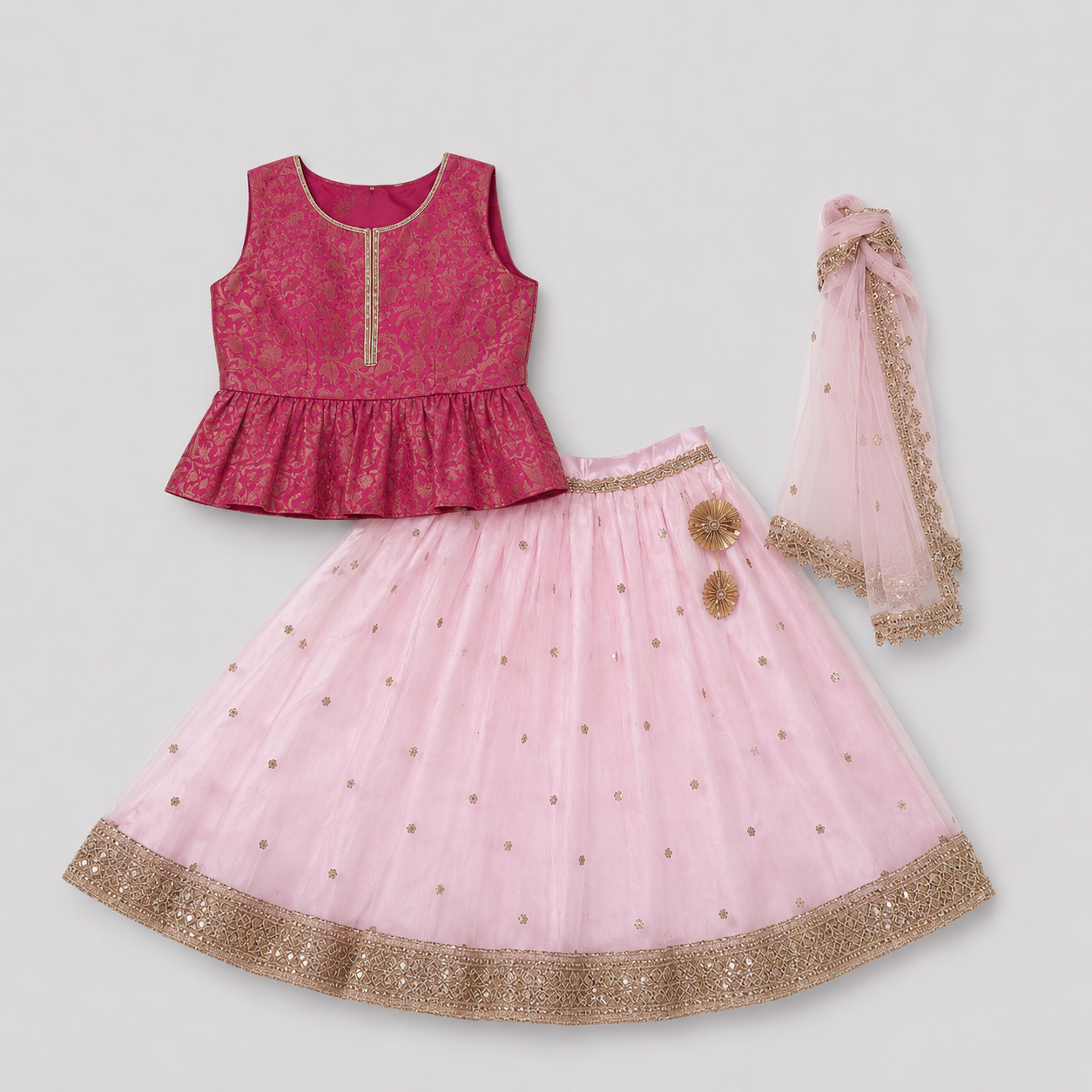 Girls' Magenta Brocade Peplum Blouse & Baby Pink Net Flared Lehenga Set with Dupatta