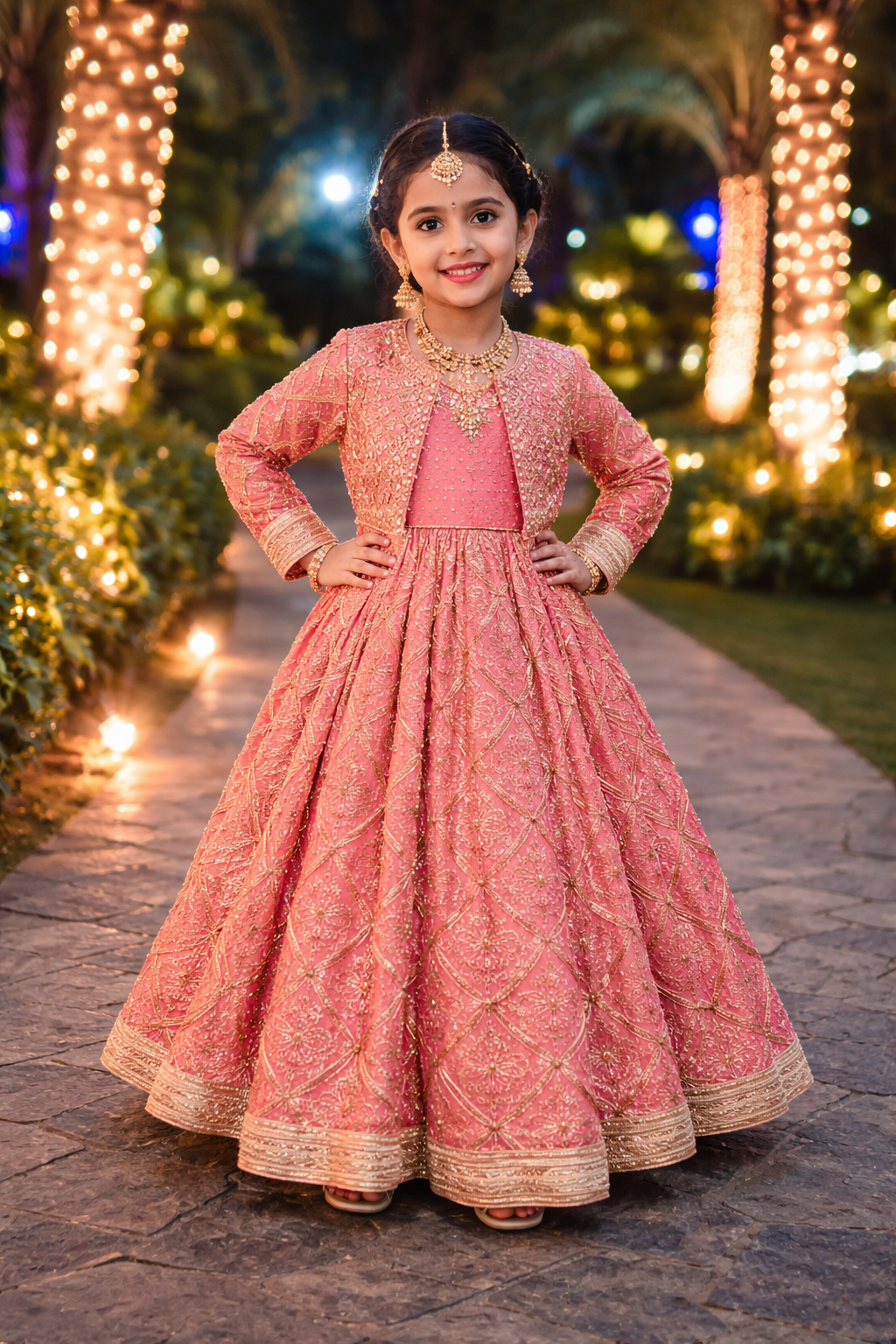 Girls' Peach-Pink Embroidered Anarkali Gown with Attached Jacket Style