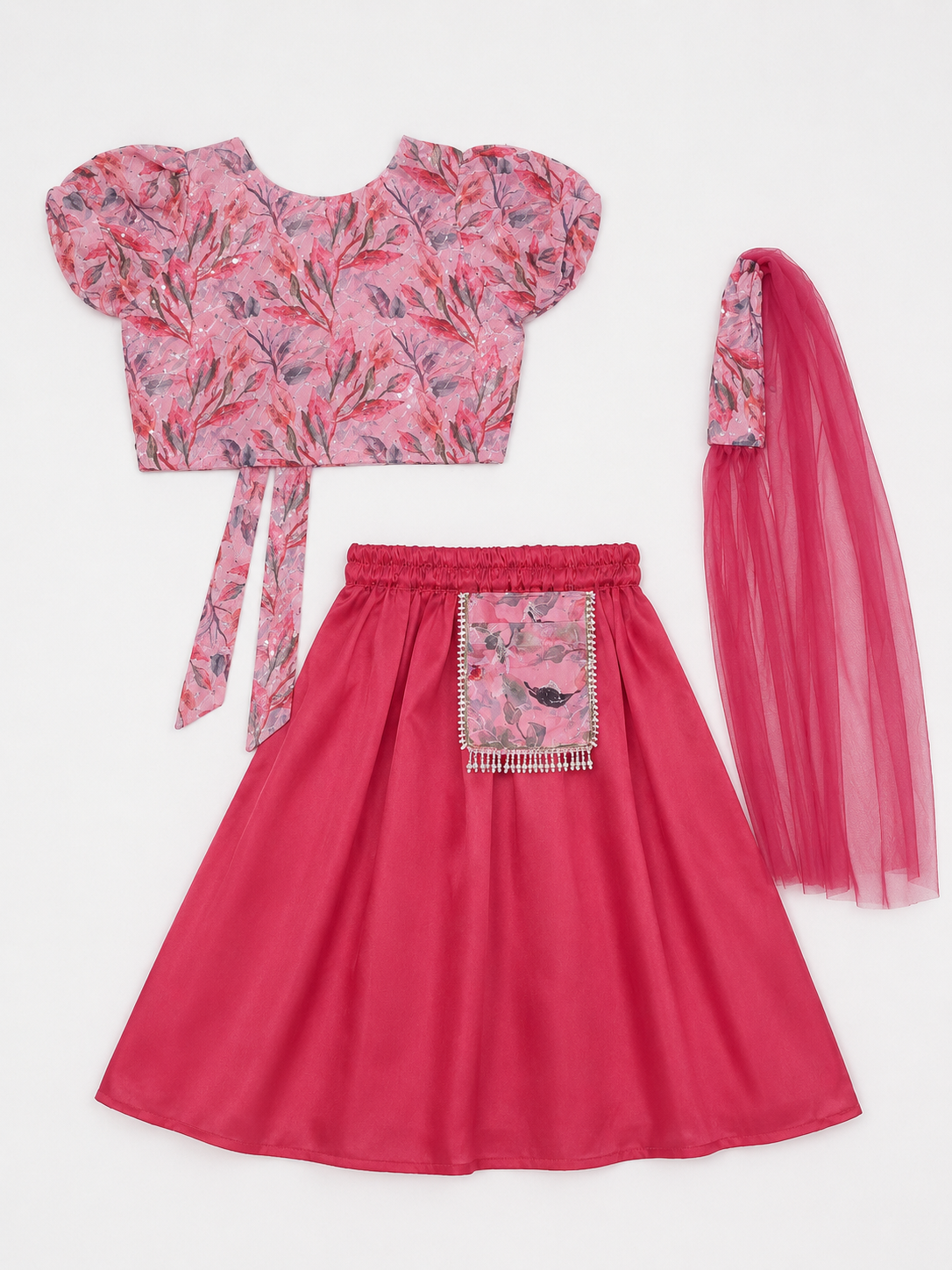Girls' Floral Printed Puff-Sleeve Top & Hot Pink Flared Lehenga with Dupatta Set