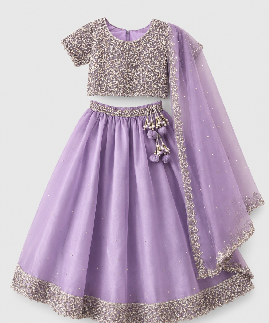 Girls' Lavender Embroidered Sequined Choli & Flared Lehenga with Net Dupatta Set