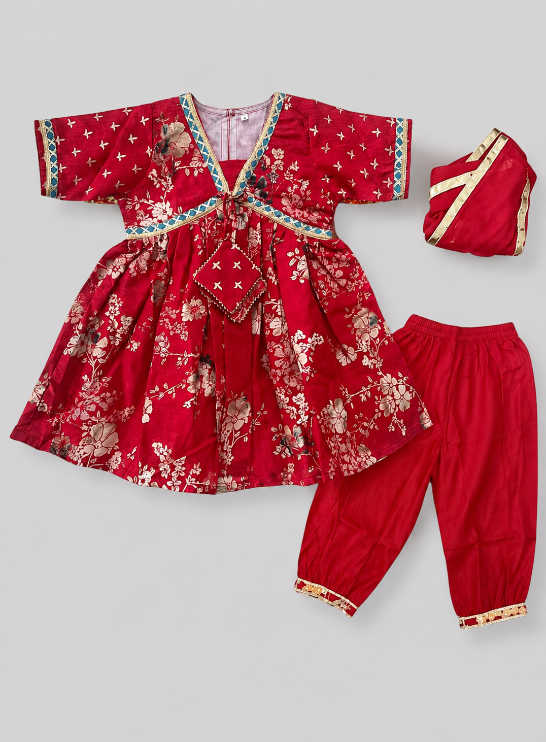 Girls' Red Floral Printed Angrakha Kurta with Salwar, Dupatta  Set
