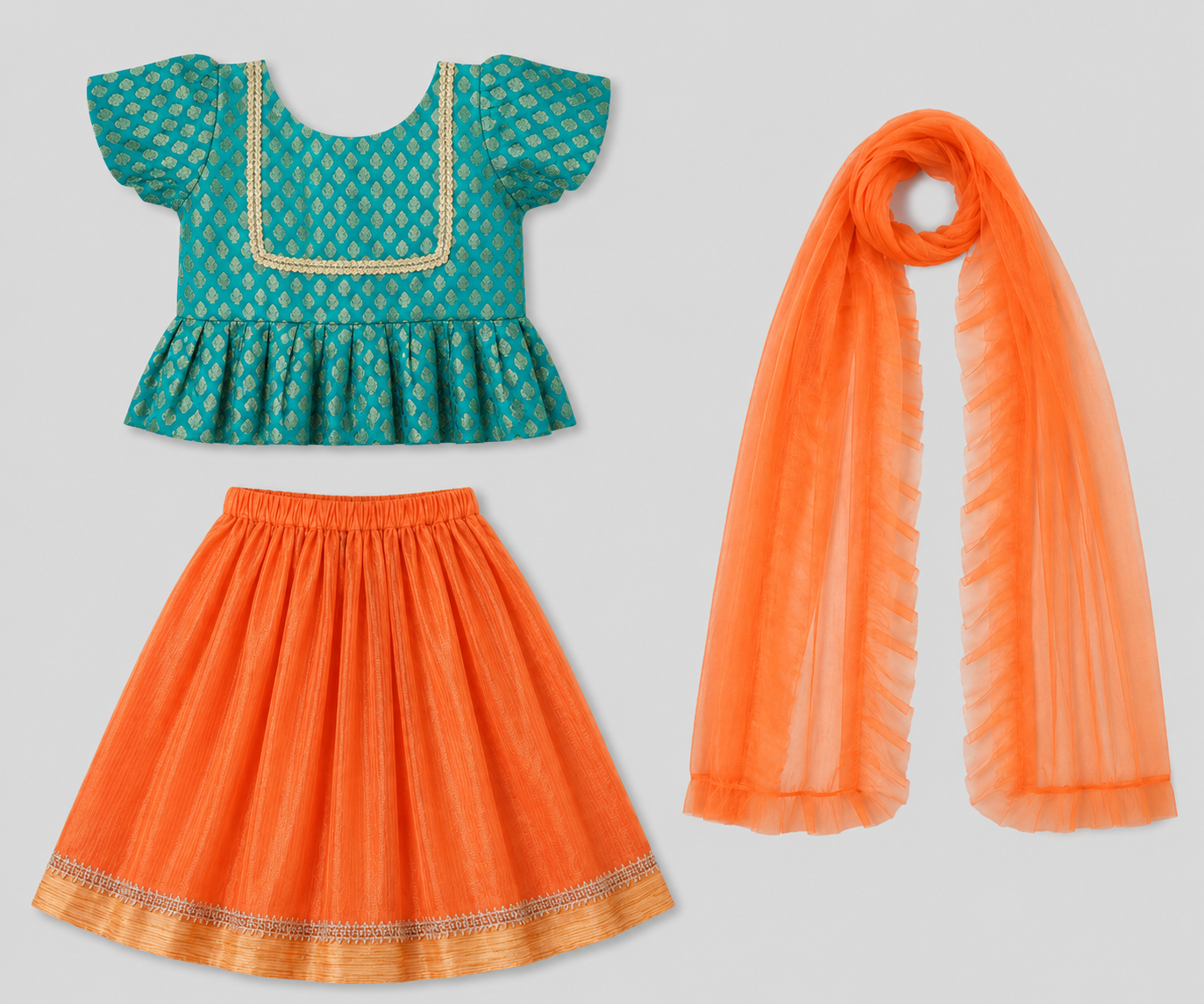 Girls' Teal Brocade Peplum Top & Orange Tissue Silk Lehenga with Net Ruffle Dupatta Se