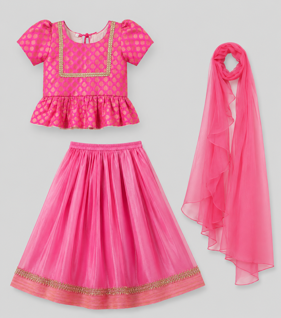 Girls' Hot Pink Brocade Peplum Top & Net Lehenga with Chiffon Dupatta Set