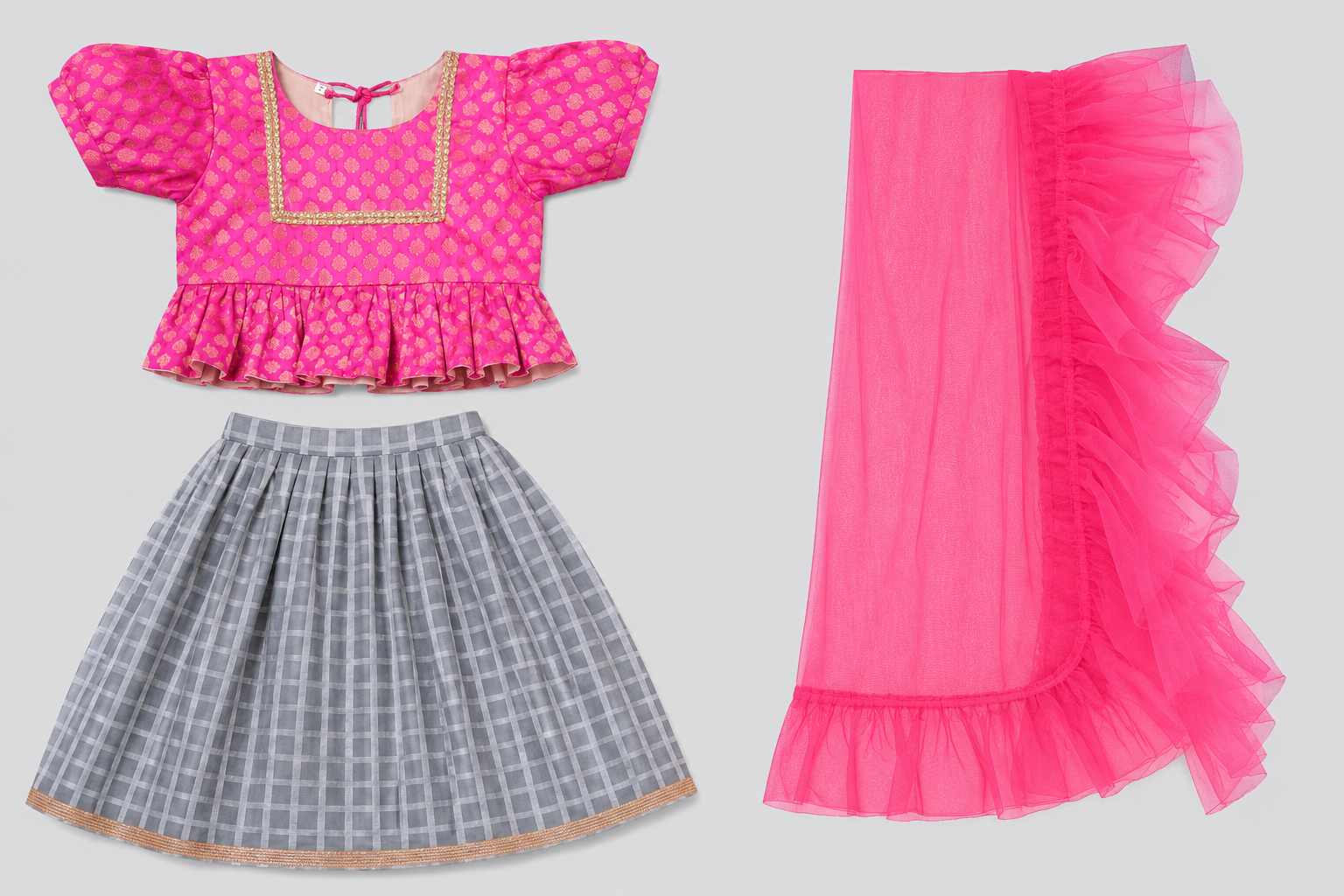 Girls' Hot Pink Brocade Peplum Top & Grey Printed Lehenga with Pink Ruffle Dupatta Set